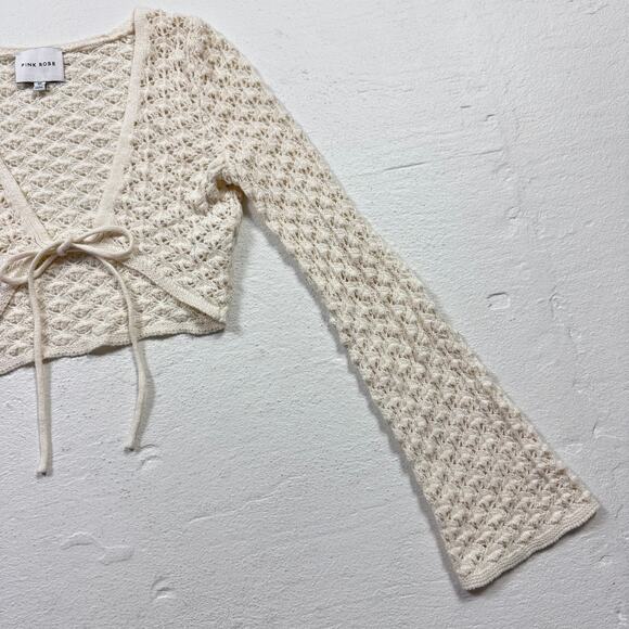 Pink Rose Cream White Crochet Tie Front Shrug Cardigan Sweater, Size XS - Picture 3 of 6